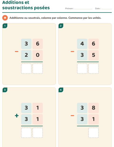 Aperçu de la fiche Opérations posées pour CE1 (cours élémentaire 1)