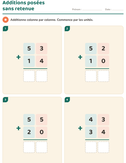 Aperçu de la fiche Opérations posées pour CE1 (cours élémentaire 1)