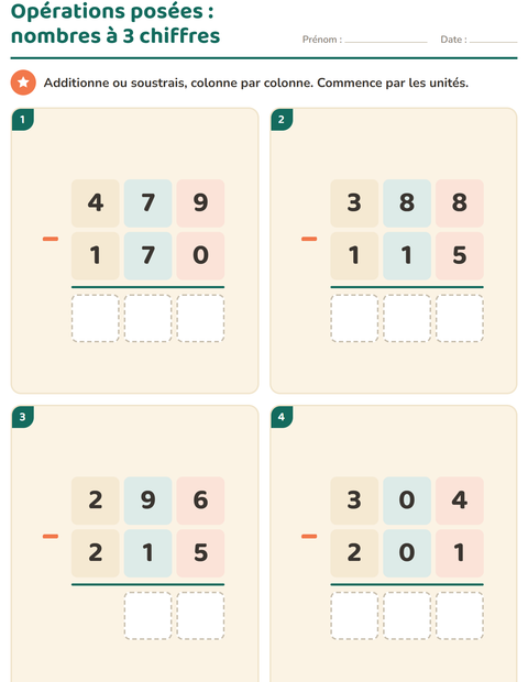 Aperçu de la fiche Opérations posées pour CE1 (cours élémentaire 1)