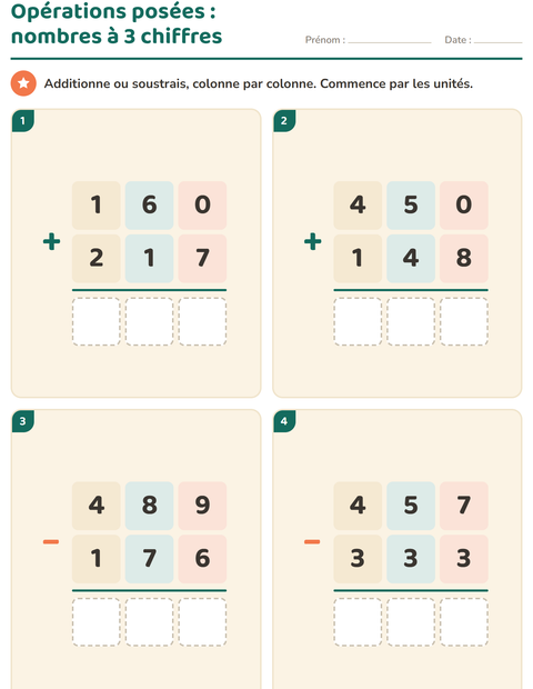 Aperçu de la fiche Opérations posées pour CE1 (cours élémentaire 1)