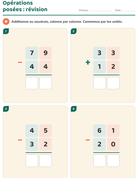 Aperçu de la fiche Opérations posées pour CE1 (cours élémentaire 1)