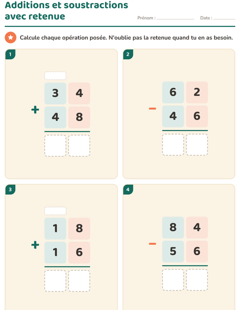Aperçu de la fiche Opérations posées pour CE2 (cours élémentaire 2)