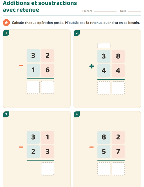Aperçu de la fiche Opérations posées pour CE2 (cours élémentaire 2)