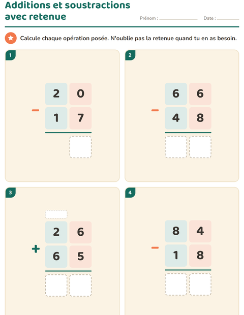 Aperçu de la fiche Opérations posées pour CE2 (cours élémentaire 2)