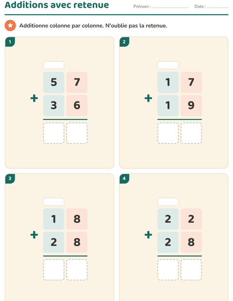Aperçu de la fiche Opérations posées pour CE2 (cours élémentaire 2)