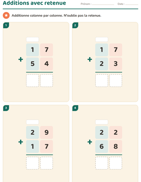 Aperçu de la fiche Opérations posées pour CE2 (cours élémentaire 2)