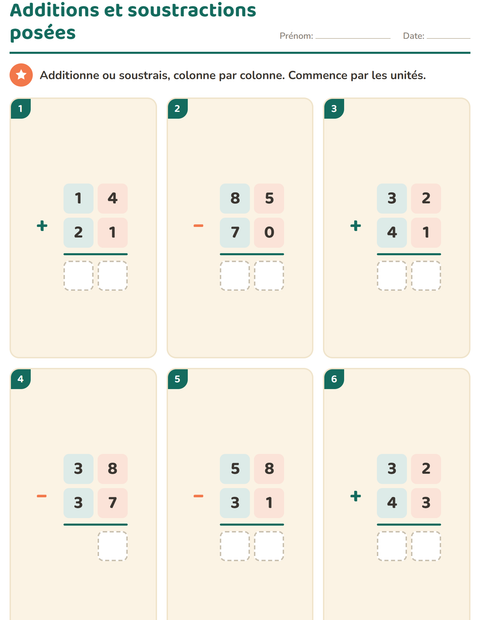 Aperçu de la fiche Opérations posées pour CE1 (cours élémentaire 1)