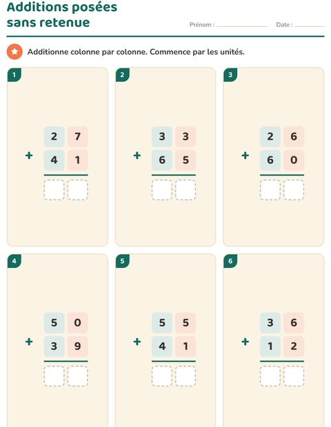 Aperçu de la fiche Opérations posées pour CE1 (cours élémentaire 1)