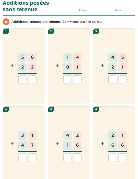 Aperçu de la fiche Opérations posées pour CE1 (cours élémentaire 1)