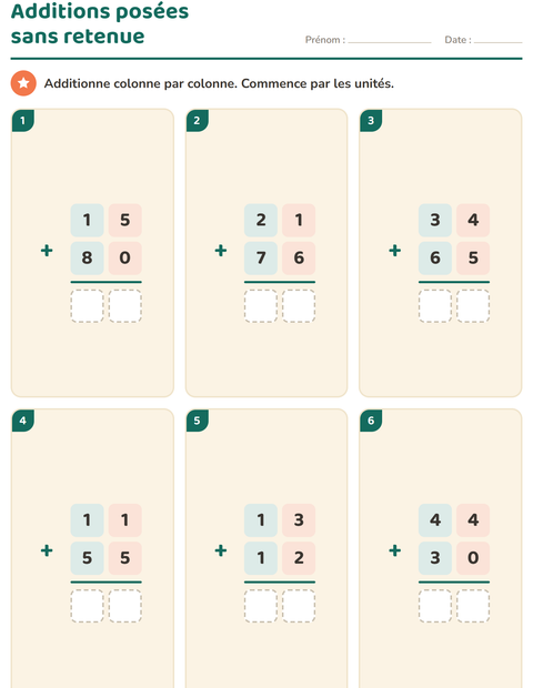 Aperçu de la fiche Opérations posées pour CE1 (cours élémentaire 1)