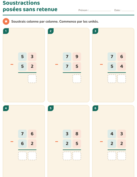 Aperçu de la fiche Opérations posées pour CE1 (cours élémentaire 1)