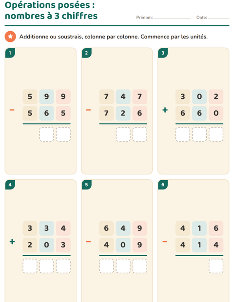 Opérations posées à 3 chiffres, sans retenue