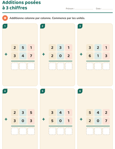 Aperçu de la fiche Opérations posées pour CE1 (cours élémentaire 1)