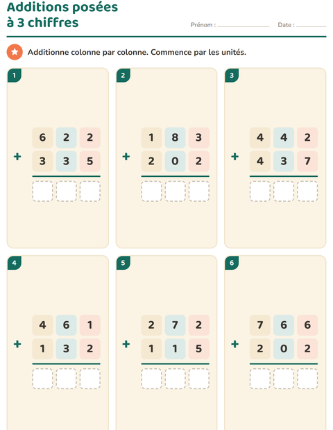 Aperçu de la fiche Opérations posées pour CE1 (cours élémentaire 1)