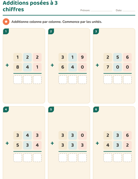 Additions posées à 3 chiffres sans retenue