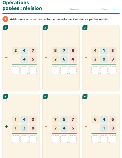Aperçu de la fiche Opérations posées pour CE1 (cours élémentaire 1)