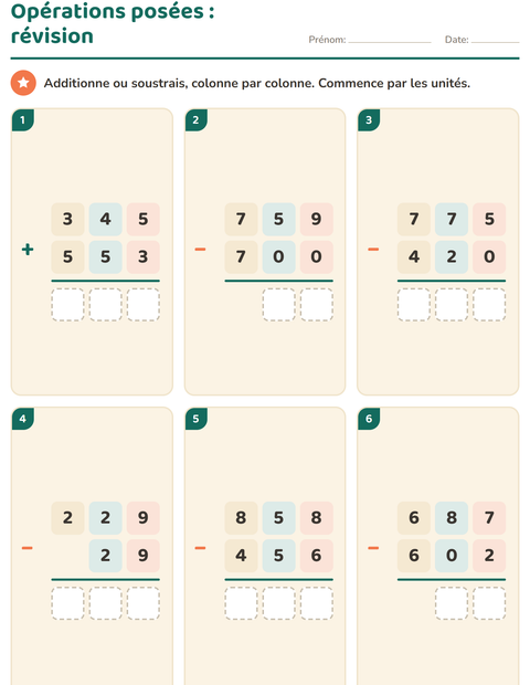 Aperçu : Opérations posées : fiche de révision