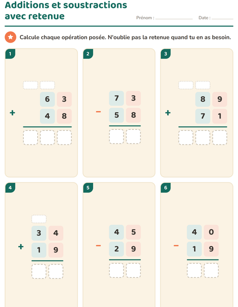 Aperçu de la fiche Opérations posées pour CE2 (cours élémentaire 2)