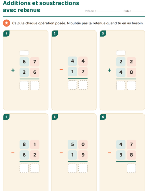 Aperçu de la fiche Opérations posées pour CE2 (cours élémentaire 2)