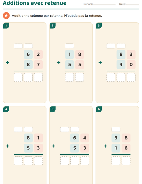 Addition avec retenue : additions posées à 2 chiffres