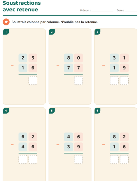 Aperçu de la fiche Opérations posées pour CE2 (cours élémentaire 2)