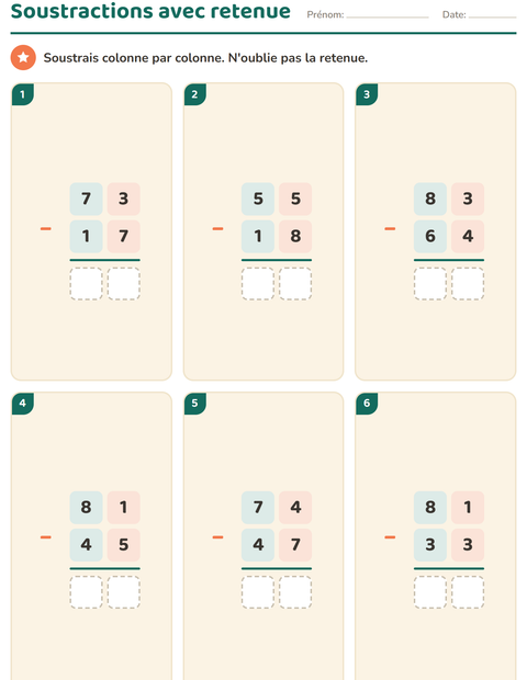 Soustraction avec retenue : soustractions posées à 2 chiffres