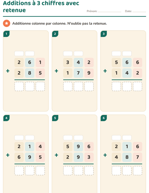 Addition à 3 chiffres avec retenue