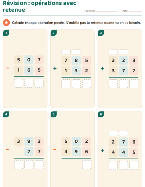Additions et soustractions avec retenue : la révision