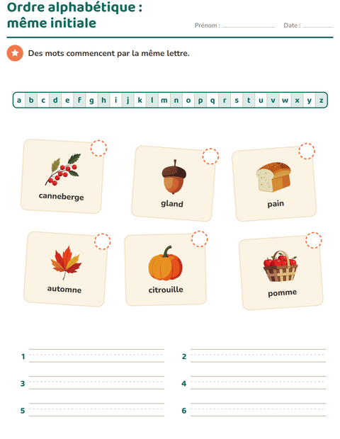 Aperçu de la fiche Ordre alphabétique avec Action de grâce pour CP (cours préparatoire)