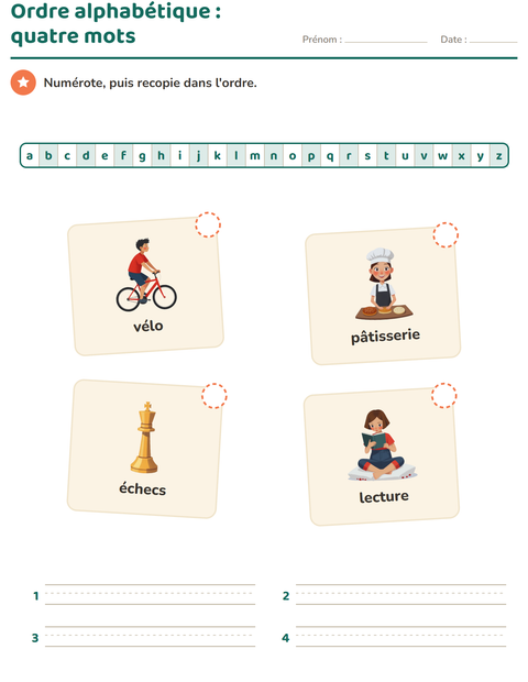 Aperçu de la fiche Ordre alphabétique avec Activités pour CP (cours préparatoire)