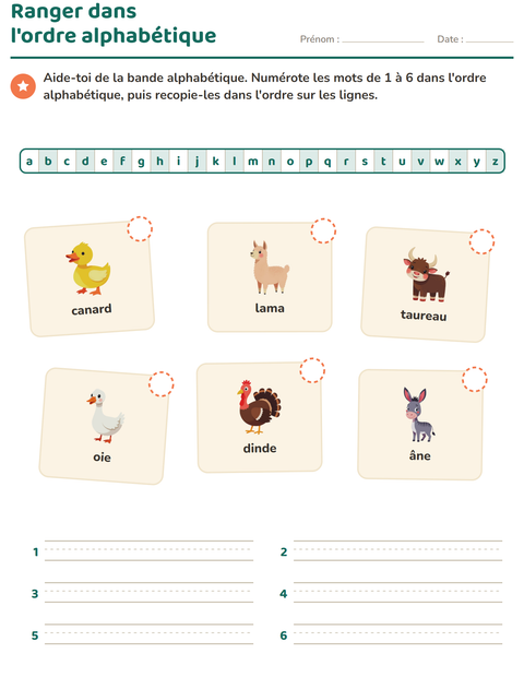 Aperçu de la fiche Ordre alphabétique avec Animaux de la ferme pour CP (cours préparatoire)