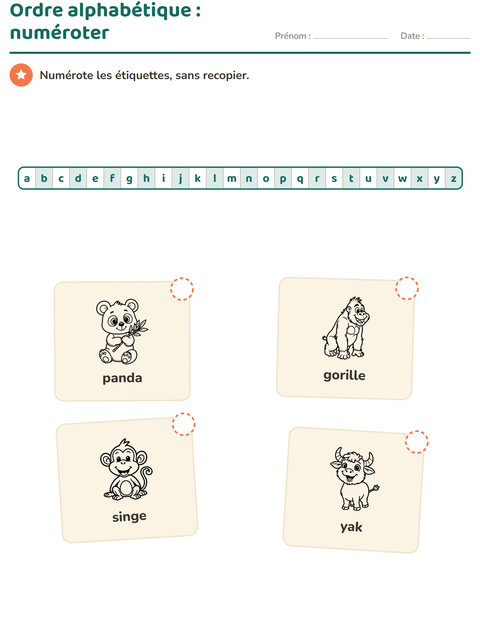 Aperçu de la fiche Ordre alphabétique avec Animaux du zoo NB pour CP (cours préparatoire)