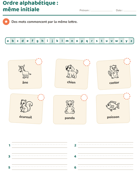 Aperçu de la fiche Ordre alphabétique avec Animaux NB pour CP (cours préparatoire)