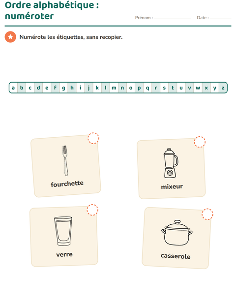 Aperçu de la fiche Ordre alphabétique avec Cuisine NB pour CP (cours préparatoire)