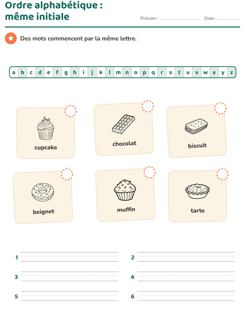 Aperçu de la fiche Ordre alphabétique avec Dessert (N&B) pour CP (cours préparatoire)
