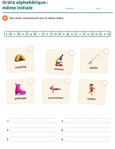 Aperçu de la fiche Ordre alphabétique avec Activités pour CP (cours préparatoire)