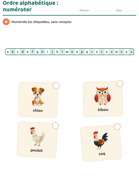 Aperçu de la fiche Ordre alphabétique avec Animaux de la ferme pour CP (cours préparatoire)
