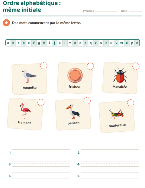 Aperçu de la fiche Ordre alphabétique avec Choses qui volent pour CP (cours préparatoire)