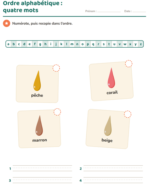 Aperçu de la fiche Ordre alphabétique avec Couleurs pour CP (cours préparatoire)