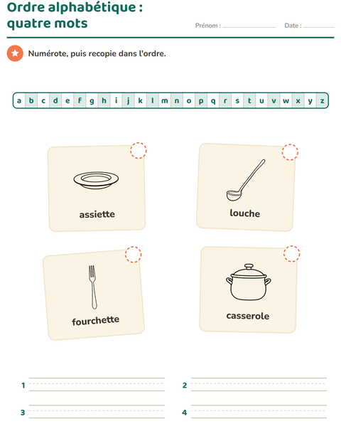Aperçu de la fiche Ordre alphabétique avec Cuisine NB pour CP (cours préparatoire)