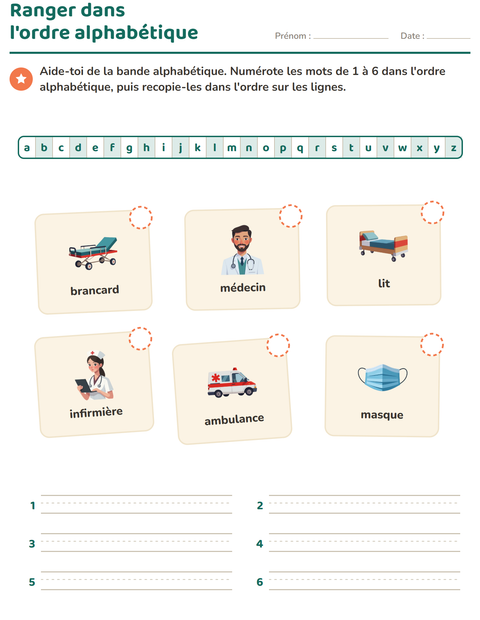Aperçu de la fiche Ordre alphabétique avec Hôpital pour CP (cours préparatoire)