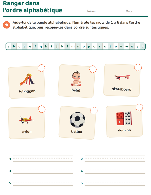 Aperçu de la fiche Ordre alphabétique avec Jouets pour CP (cours préparatoire)