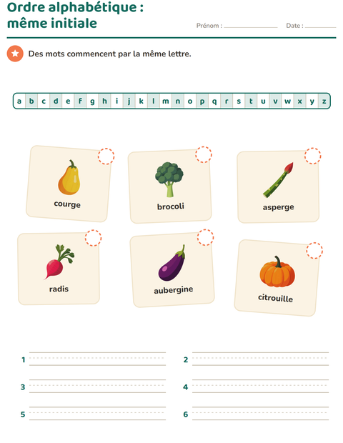 Aperçu de la fiche Ordre alphabétique avec Légumes pour CP (cours préparatoire)