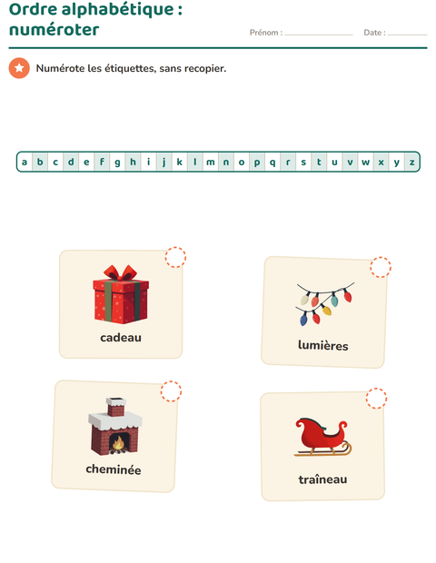 Aperçu de la fiche Ordre alphabétique avec Noël pour CP (cours préparatoire)