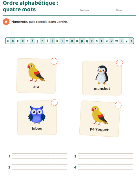Aperçu de la fiche Ordre alphabétique avec Oiseaux pour CP (cours préparatoire)