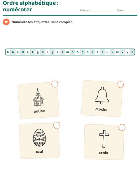 Aperçu de la fiche Ordre alphabétique avec Pâques NB pour CP (cours préparatoire)