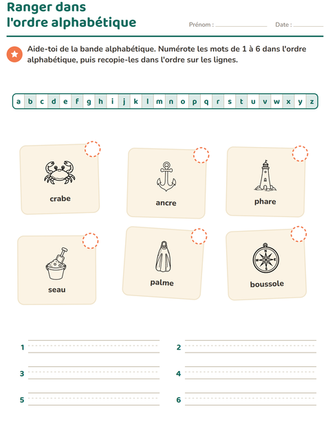 Aperçu de la fiche Ordre alphabétique avec Plage NB pour CP (cours préparatoire)