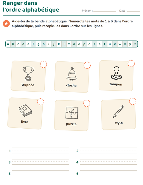 Aperçu de la fiche Ordre alphabétique avec Salle de classe (N&B) pour CP (cours préparatoire)