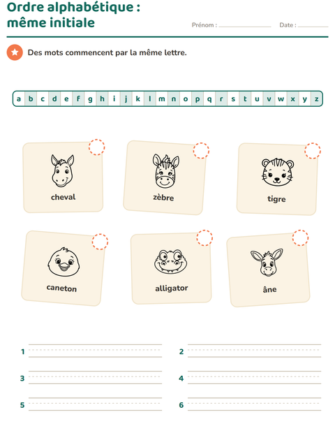 Aperçu de la fiche Ordre alphabétique avec Visages NB pour CP (cours préparatoire)