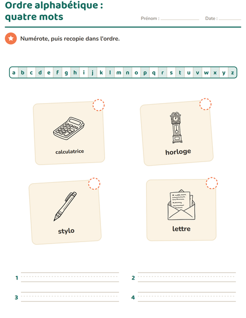 Aperçu de la fiche Ordre alphabétique avec Éducation NB pour CP (cours préparatoire)